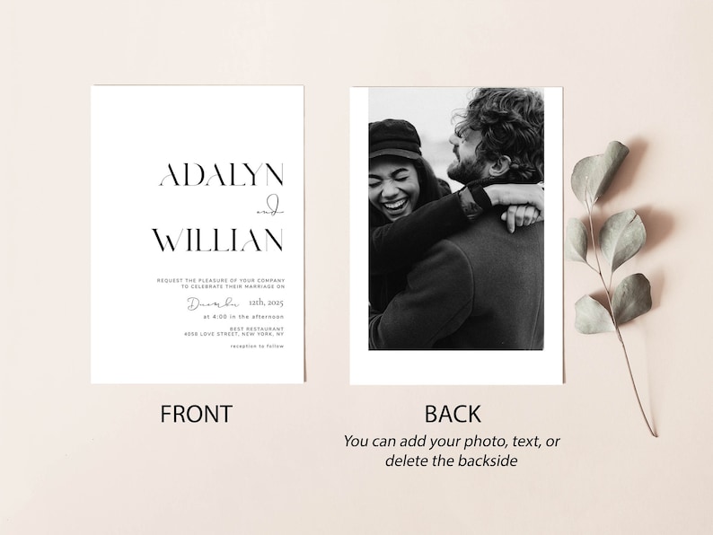 May include: A black and white wedding invitation with the names "Adalyn" and "Willian" printed in a modern font. The invitation includes the date "December 12th, 2025" and the time "4:00 in the afternoon".