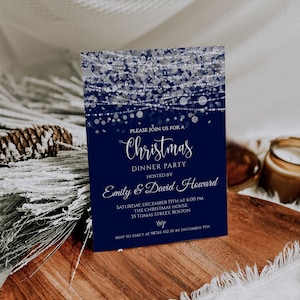 Silver Christmas Invitation, Blue and Silver Party Invitation Template, Christmas Dinner Invite, Silver Lights, Editable, Instant Download