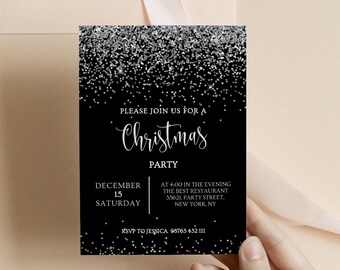 May include: Black and silver glitter Christmas party invitation with the text "Please join us for a Christmas Party" and details for the event: December 15, Saturday, at 4:00 in the evening, The Best Restaurant, 35621 Party Street, New York, NY. RSVP to Jessica 98765432 111.