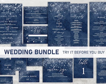 Winter Wedding Invitation Bundle, Wedding Invitation with Snowflakes, Wedding Invitation Blue, Wedding Bundle, Editable Template, Printable