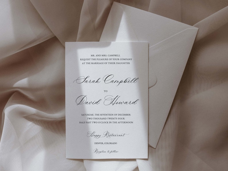 May include: A white wedding invitation card with black text announcing the marriage of Sarah Campbell to David Howard. The wedding will take place on Saturday, December 17, 2024 at 2:30 PM at Happy Restaurant in Denver, Colorado.