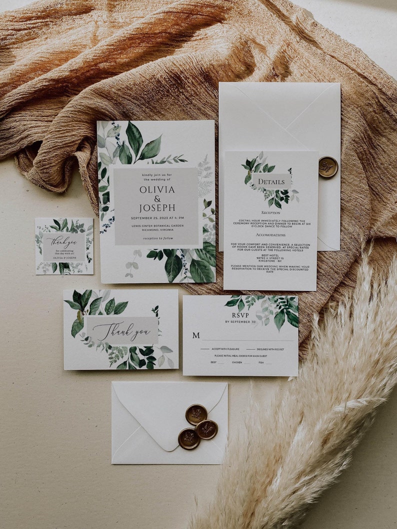 OLIVIA - Invitación de boda con vegetación, conjunto de invitaciones de boda, invitación de boda rústica y botánica, plantilla editable, descarga digital imagen 1