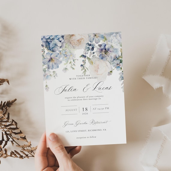 Dusty Blue Floral Wedding Invitation Set – Elegant Boho Invite (Digital Template)