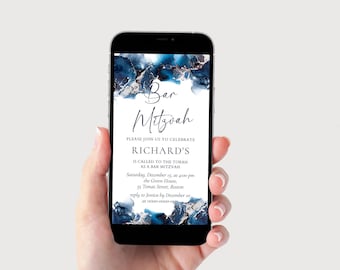 Blue & Silver Bar Mitzvah Invitation Template (Digital Download)