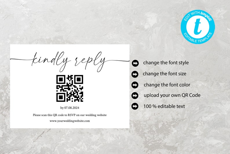 Wedding RSVP Card with QR Code, Editable Template image 3