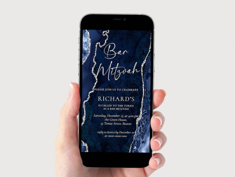 May include: A digital invitation for a Bar Mitzvah celebration. The invitation features a blue and silver abstract background with the text "Bar Mitzvah" and "Richard's" in white. The invitation includes the date, time, and location of the event.