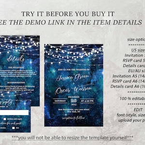 May include: A wedding invitation suite with a blue and green watercolor background featuring a starry night sky with white string lights. The invitation includes the names "Jessica Green" and "Oscar Warren" and the date "December 25, 2023". The RSVP card says "kindly reply".