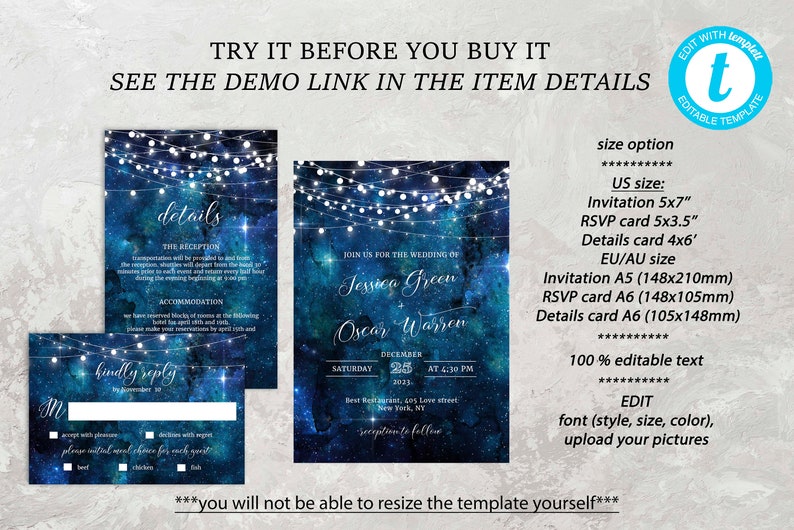 May include: A wedding invitation suite with a blue and green watercolor background featuring a starry night sky with white string lights. The invitation includes the names "Jessica Green" and "Oscar Warren" and the date "December 25, 2023". The RSVP card says "kindly reply".