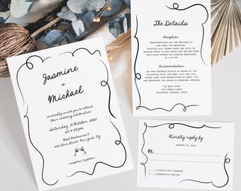 Whimsical Hand-Drawn Wedding Invitation Suite Scribble Doodle Style (Editable Template)