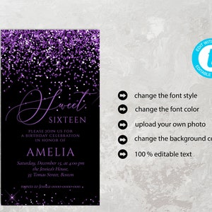 May include: Purple glitter confetti on a black background with a Sweet Sixteen birthday party invitation. The invitation includes the text "Sweet Sixteen", "Please join us for a birthday celebration in honor of Amelia", "Saturday, December 15, at 4:00 pm", "the Jessica's House", "35 Tomas Street, Boston", and "regrets to Jessica 000-0000-000".