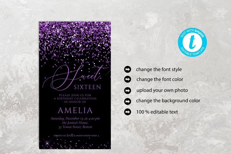 May include: Purple glitter confetti on a black background with a Sweet Sixteen birthday party invitation. The invitation includes the text "Sweet Sixteen", "Please join us for a birthday celebration in honor of Amelia", "Saturday, December 15, at 4:00 pm", "the Jessica's House", "35 Tomas Street, Boston", and "regrets to Jessica 000-0000-000".