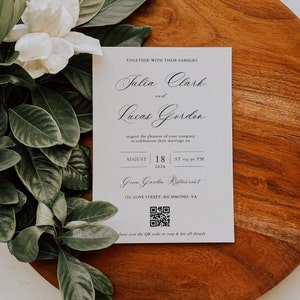 Modèle classique de faire-part de mariage élégant avec code QR, téléchargement immédiat