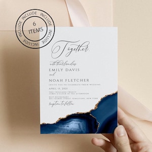 Blue and Gold Wedding Invitation Suite Template, Blue Marble Wedding Invitation, Wedding Invitation Navy Blue Set, Editable, Downloadable