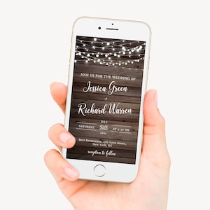 Invito di nozze rustico elettronico, modello di invito di nozze in legno, invito digitale, invito country, messaggio di testo, smartphone, luci