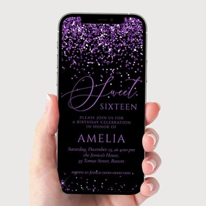 May include: Purple glitter on a black background with the text "Sweet Sixteen" and the name "Amelia". The text also includes the date, time, and location of the event.
