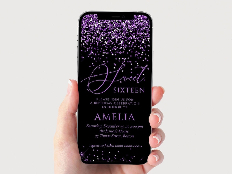 May include: Purple glitter on a black background with the text "Sweet Sixteen" and the name "Amelia". The text also includes the date, time, and location of the event.
