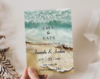 Save the Date Invitation Template, Beach Theme, Editable All Text, Digital Printable Download