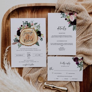 Wedding Invitation Rustic, Wedding Invitation Country Barn, Burgundy Wedding Invitation Suite, Wood Wedding Invitation Template, Edit Online