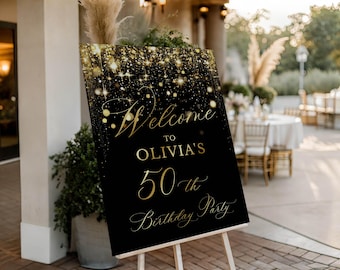 Elegant Black and Gold 50th Birthday Welcome Sign, Editable (Digital Download)