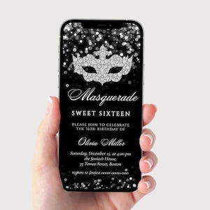Masquerade Birthday Party Invitation, Masquerade Sweet 16 Invitation, Black and Silver Masquerade Party, All text Editable, Digital Download