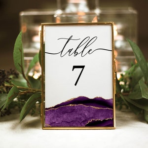 Modèle de numéro de table violet et or, décorations de table de mariage, cartes de numéro de table, mariage violet, modifiable, téléchargeable