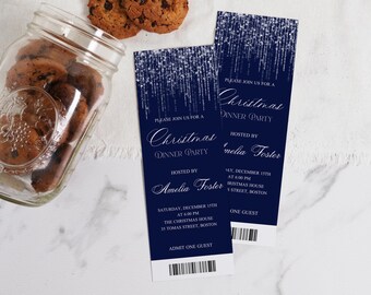 Blue Silver Christmas Party Ticket Invitation Template (Digital Download)