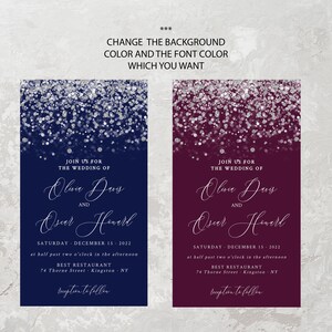 May include: Two wedding invitation templates with a silver glitter overlay. The left template has a navy blue background and the right template has a burgundy background. The text on both templates reads "Join us for the wedding of Olive Days and Oscar Howard, Saturday, December 15, 2022, at half past two o'clock in the afternoon, Best Restaurant, 74 Thorne Street, Kingston, NY, RSVP to follow."