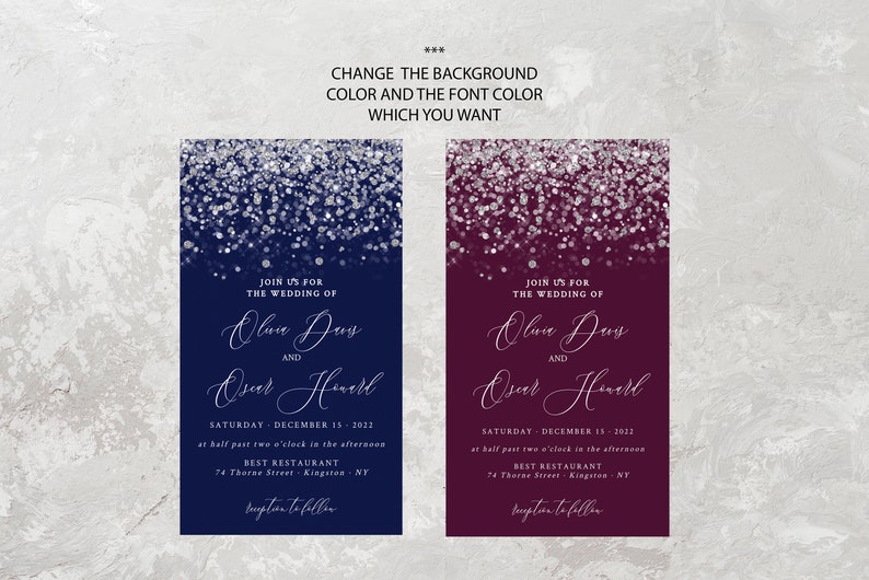 May include: Two wedding invitation templates with a silver glitter overlay. The left template has a navy blue background and the right template has a burgundy background. The text on both templates reads "Join us for the wedding of Olive Days and Oscar Howard, Saturday, December 15, 2022, at half past two o'clock in the afternoon, Best Restaurant, 74 Thorne Street, Kingston, NY, RSVP to follow."