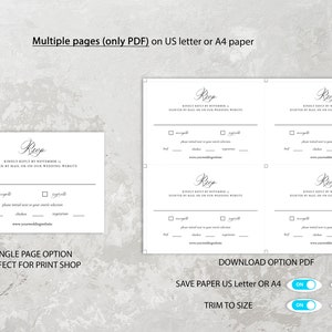 May include: A printable wedding RSVP card with a single page option and a multi-page option. The card features a simple design with a script font and the text "RSVP" at the top. The card includes options for guests to indicate their attendance, meal choices, and contact information.