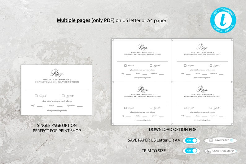 May include: A printable wedding RSVP card with a single page option and a multi-page option. The card features a simple design with a script font and the text "RSVP" at the top. The card includes options for guests to indicate their attendance, meal choices, and contact information.
