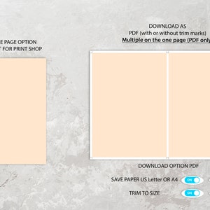 May include: Two options for downloading a printable template: single page or multiple pages on one sheet. The template is for US Letter or A4 paper and can be downloaded with or without trim marks.
