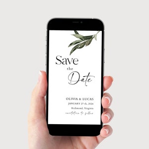Réservez votre date rameau d'olivier, invitation numérique « Retenez cette date », invitation électronique « Retenez cette date » Verdure d'olivier, invitation par SMS