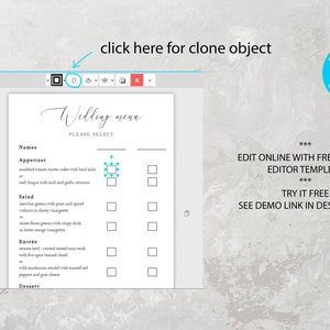 May include: A wedding menu template with a checklist for guests to select their meal choices. The menu includes appetizers, salads, entrees, and desserts. The template is editable and can be customized with your own wedding details.