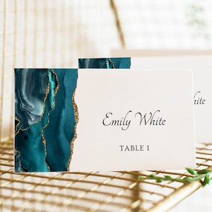 Plantilla para tarjeta de lugar de boda, tarjeta de lugar de boda turquesa y dorada, ágata verde azulado, tarjeta de nombre de boda, tarjeta de lugar editable, descarga instantánea