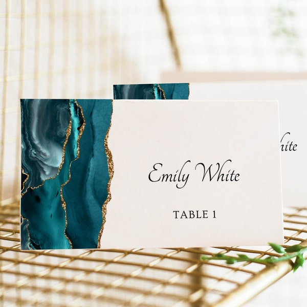 Wedding Place Card Template, Wedding Place Card Turquoise and Gold, Teal Agate, Wedding Name Card, Editable Place Card, Instant Download