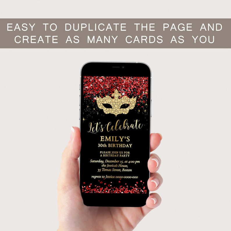 Red and Gold Masquerade Birthday Party Invitation Template Editable