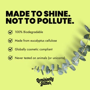 May include: A bright yellow background with the text "MADE TO SHINE. NOT TO POLLUTE." and product details. The text includes "100% Biodegradable", "Made from eucalyptus cellulose", "Globally cosmetic compliant", and "Never tested on animals (or unicorns)".
