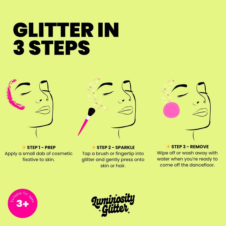 May include: A step-by-step guide for applying glitter, featuring three illustrated faces. The steps include applying fixative, adding glitter with a brush, and removing it with water. The text reads "Glitter in 3 Steps". The image also includes the brand name "Luminosity Glitter".