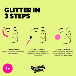 May include: A graphic showing a three-step guide to applying glitter. The steps include applying fixative, adding glitter with a brush, and removing it with water. The text reads "Glitter in 3 Steps" and "Luminosity Glitter". Suitable for ages 3+.