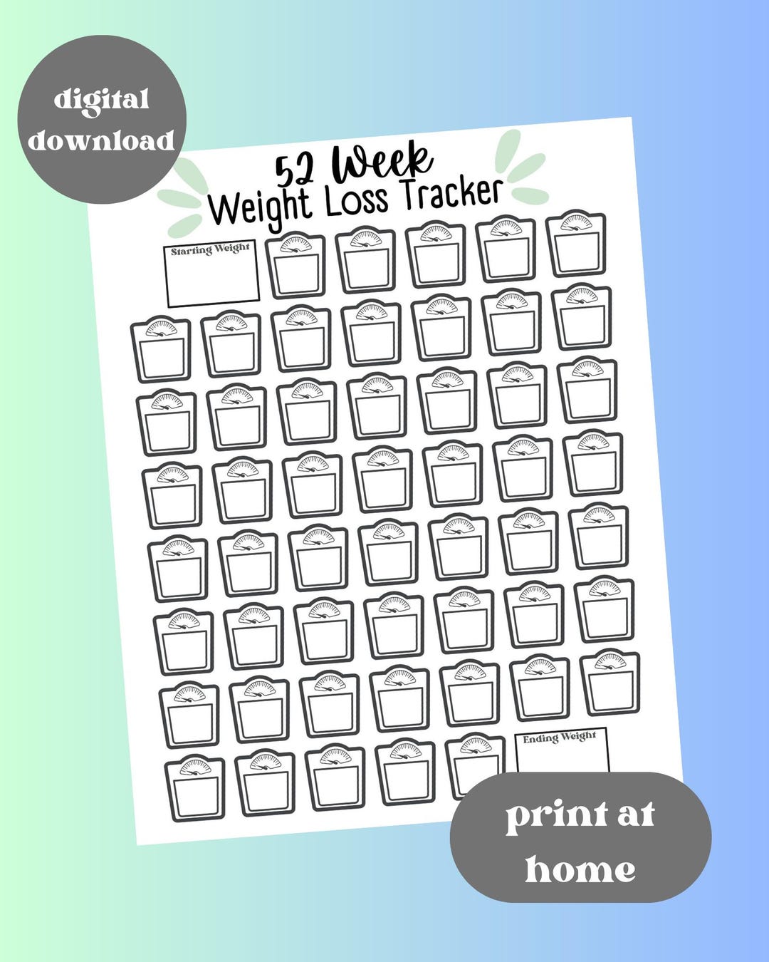 52 Week Weight Loss Tracker: Printable Fitness Chart (digital Download ...