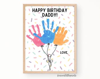 Buon compleanno papà, palloncini con impronta della mano, arte, 3 bambini, regalo di compleanno personalizzato per bambini piccoli, biglietto di auguri con impronta della mano, padre papà