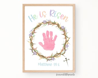 Lui è risorto, impronta della mano di Pasqua per bambini, neonati, bambini piccoli, lavoretti della scuola domenicale, attività di artigianato pasquale cristiano, arte religiosa dell'impronta della mano