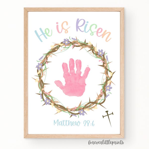 Arte de huellas de manos de Pascua con Él ha resucitado para niños, bebés y niños pequeños, manualidad para la escuela dominical, actividad de manualidades cristianas de Pascua, arte de huellas religiosas