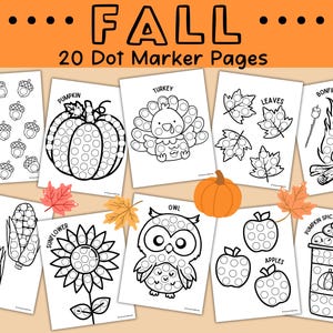 Fall Dot Marker Printable Pack, Fun Preschool Daycare Activity Pages, Autumn Coloring Sheets, Pumpkin Turkey Dots Art Markers Kids Craft