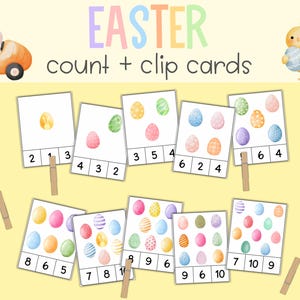 Schede di conteggio e clip di Pasqua, pagine di attività con mollette, attività di apprendimento primaverili, gioco di conteggio per la scuola materna, numeri dall'1 al 10 per la scuola materna e prescolare