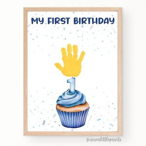 Mein erster Geburtstag Handabdruck Kunst, 1st BDay Cupcake Handabdruck Handwerk, Babys erster Geburtstag Andenken, Junge Blau Kleinkind Aktivität, Erinnerungsbuch