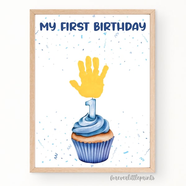 My First Birthday Handprint Art, 1st BDay Cupcake Hand Print Craft, Baby’s First Birthday Keepsake, Boy Blue Toddler Activity, Memory Book