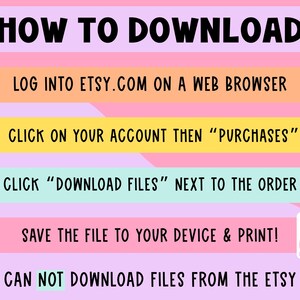 The image is a colorful advertisement for a website called Etsy, providing instructions on how to download files from the site.