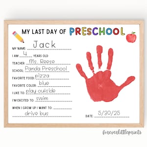 Huella de la mano del último día de preescolar, Cuestionario del último día de clases, Entrevista para graduados de preescolar, Actividad de fin de preescolar, Clase de 2038