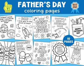 Op de afbeelding: Een verzameling van tien Vaderdag kleurplaten. Elke pagina heeft een uniek ontwerp met zinnen als "Beste papa ooit", "Coolste papa ooit" en "Mijn papa is cool". De pagina's zijn zwart-wit.